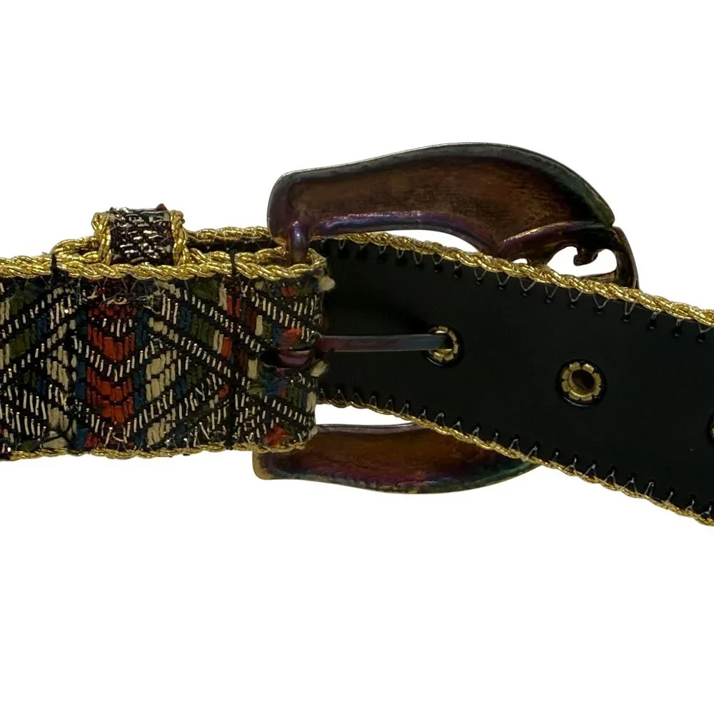 Capezio Womens Vtg Tapestry Belt Metallic Gold Geometric Patina Metal Buckle M/L